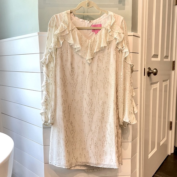 Lilly Pulitzer Coconut White Silk Dress Gold Shimmer Size 4 - Picture 4 of 5